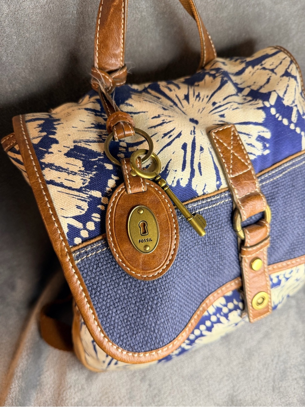 Fossil Blue and Cream Floral Canvas Backpack with Brown Leather Trim - Picture 4 of 10